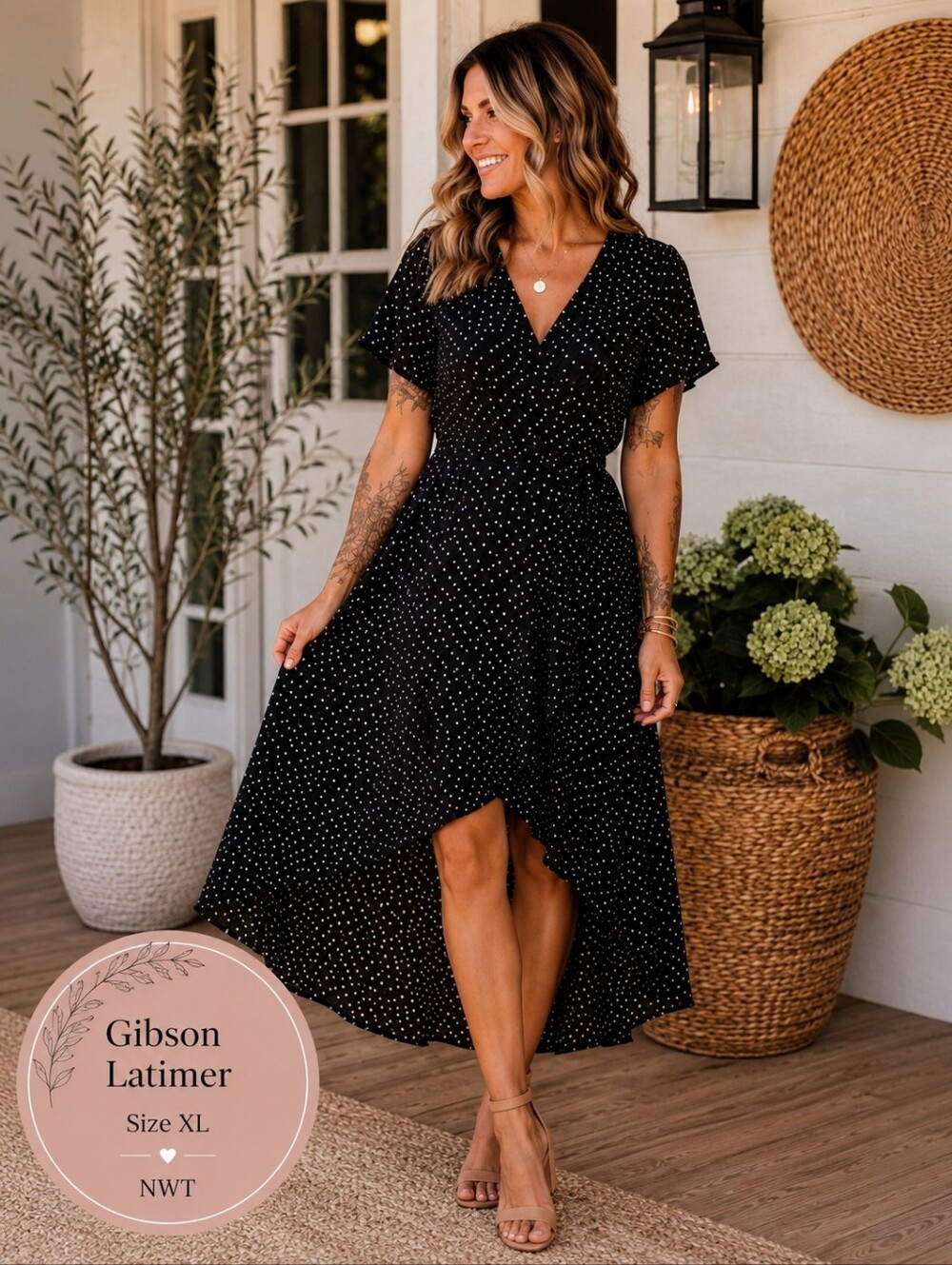 Gibson Latimer Black Polka Dot High-Low Dress